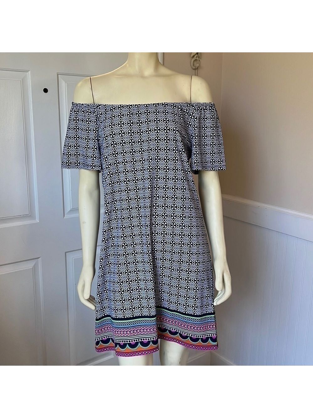 JUDE Connally Blue & White Print Off The Shoulder Mini Shift Dress S